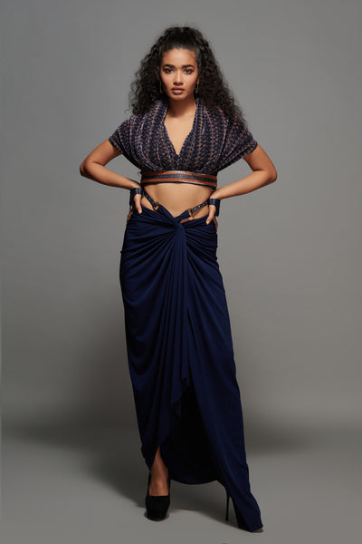 Shantanu & Nikhil Navy Twisted Drape Skirt indian designer wear online shopping melange singapore