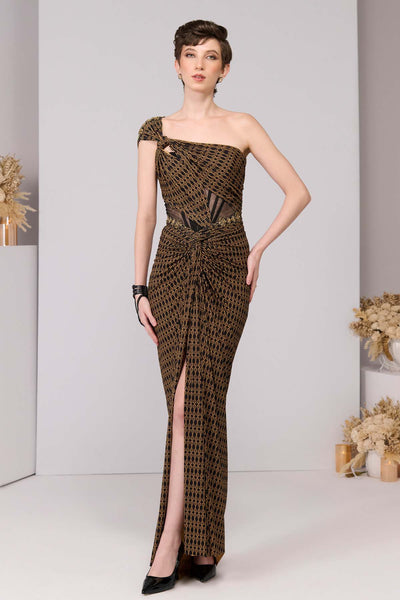 Shantanu & Nikhil Adamas Printed One-Shoulder Gown indian designer wear online shopping melange singapore 