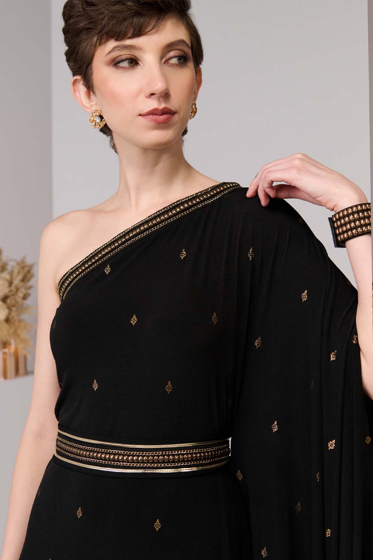 Shantanu & Nikhil Black Adamas Printed One-Shoulder Dress indian designer wear online shopping melange singapore 