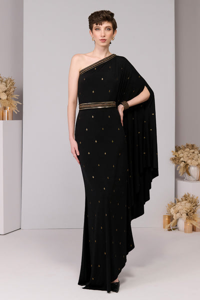 Shantanu & Nikhil Black Adamas Printed One-Shoulder Dress indian designer wear online shopping melange singapore 
