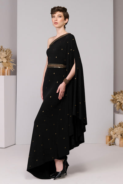 Shantanu & Nikhil Black Adamas Printed One-Shoulder Dress indian designer wear online shopping melange singapore 