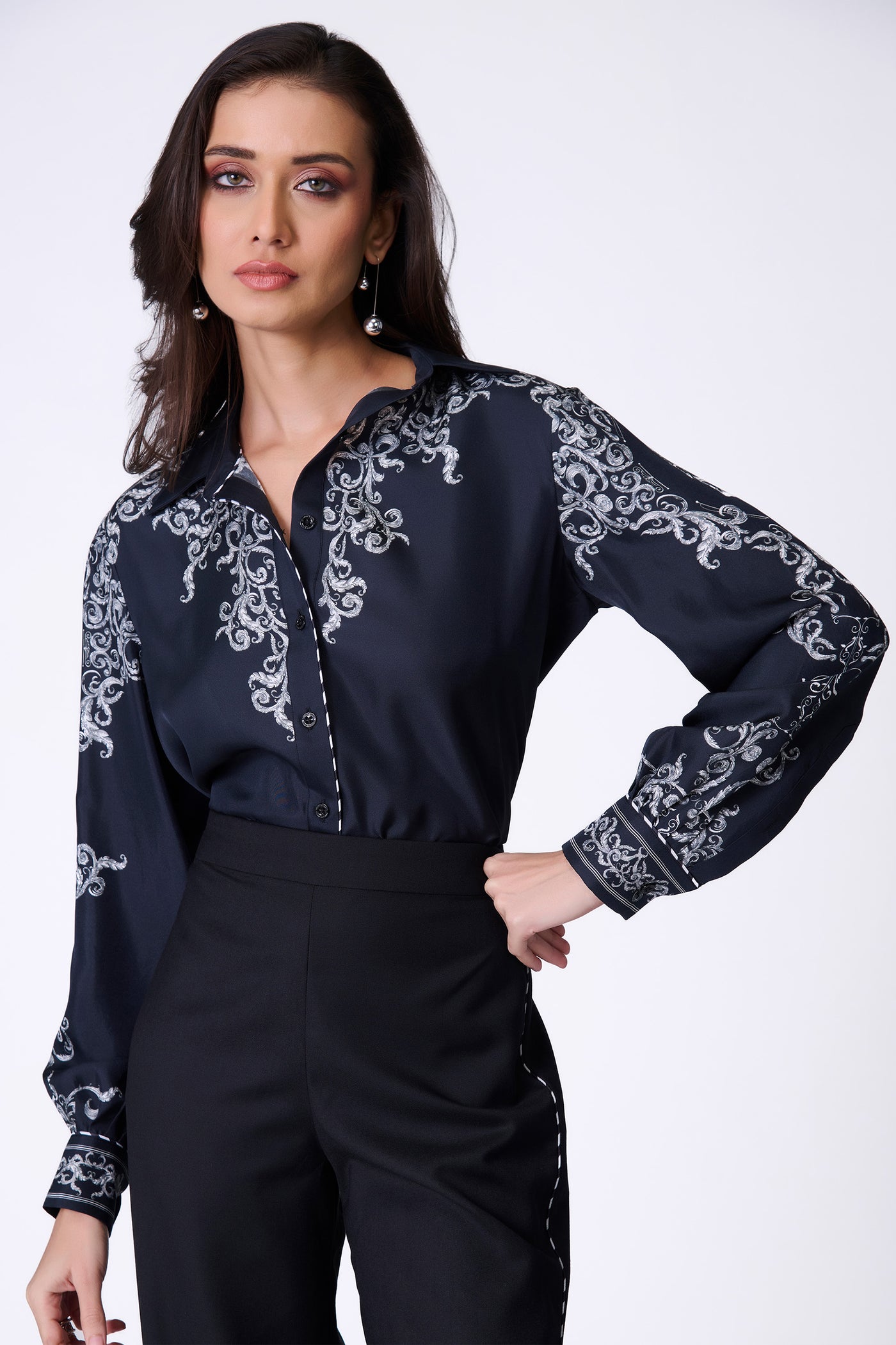 Shantanu & Nikhil Black Baroque Printed Shirt indian designer wear online shopping melange singapore
