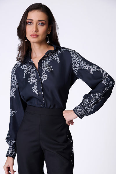 Shantanu & Nikhil Black Baroque Printed Shirt indian designer wear online shopping melange singapore
