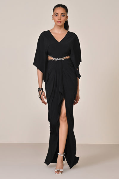 Shantanu & Nikhil Black Draped Gown with Waist Cut-Out indian designer wear online shopping melange singapore