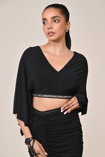 Shantanu & Nikhil Black Exaggerated Draped Sleeve Top indian designer wear online shopping melange singapore
