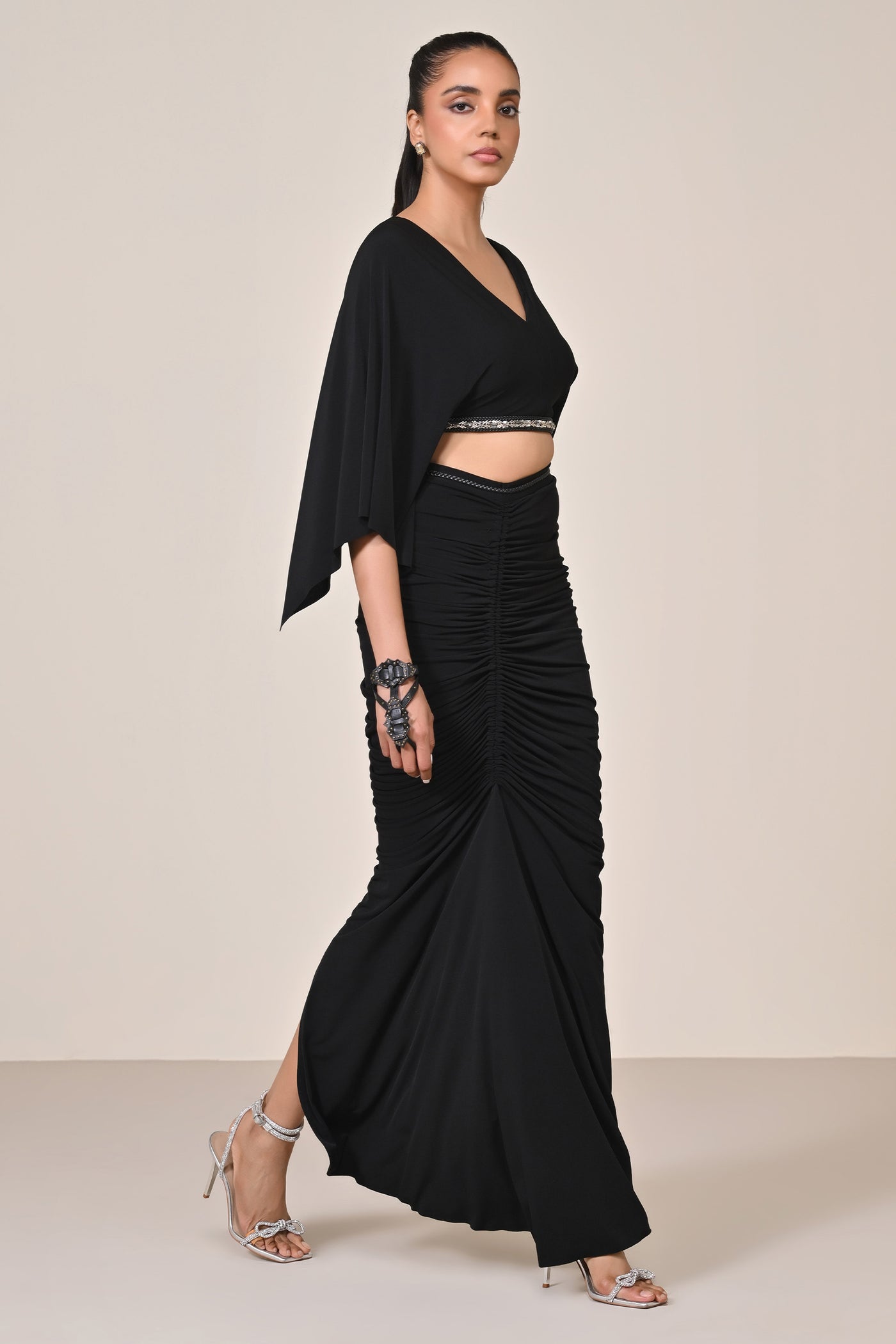 Shantanu & Nikhil Black Exaggerated Draped Sleeve Top indian designer wear online shopping melange singapore
