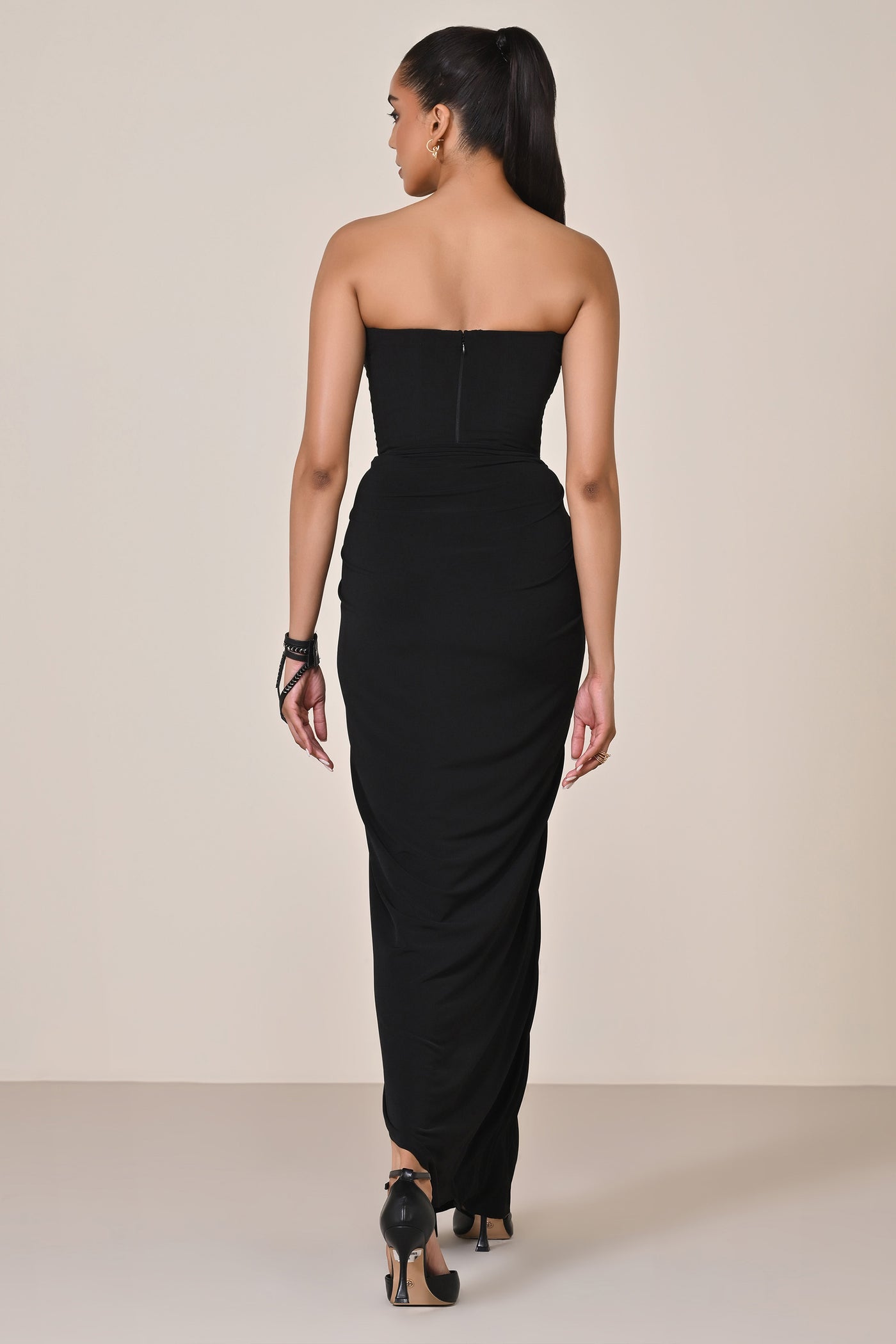 Shantanu & Nikhil Black Faux Leather Corset Saree Dress indian designer wear online shopping melange singapore