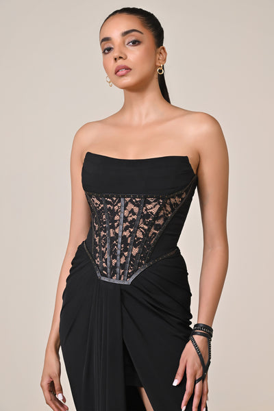 Shantanu & Nikhil Black Faux Leather Corset Saree Dress indian designer wear online shopping melange singapore
