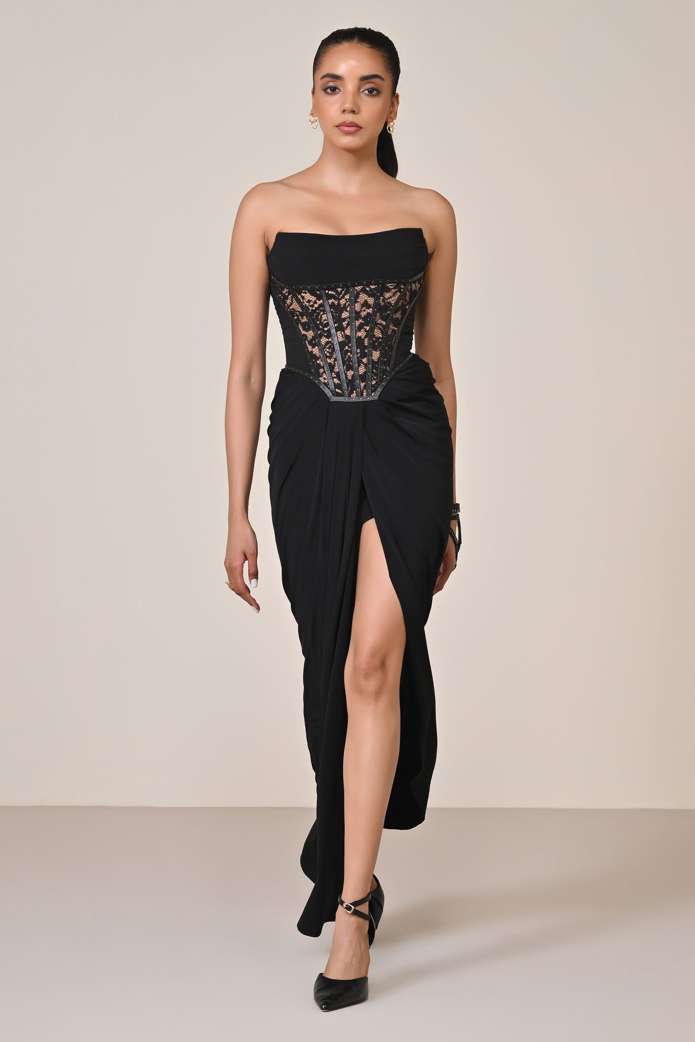 Shantanu & Nikhil Black Faux Leather Corset Saree Dress indian designer wear online shopping melange singapore