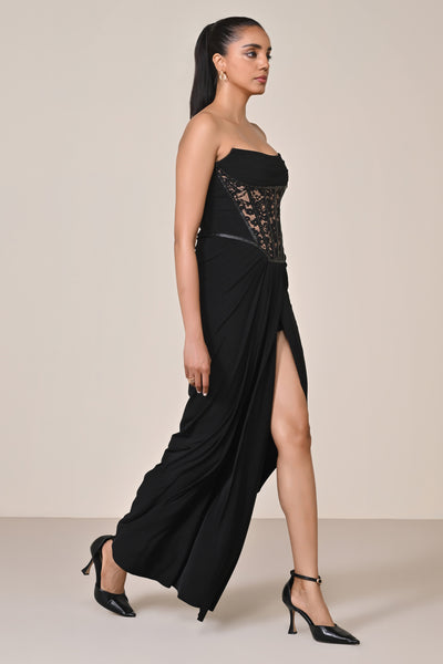 Shantanu & Nikhil Black Faux Leather Corset Saree Dress indian designer wear online shopping melange singapore