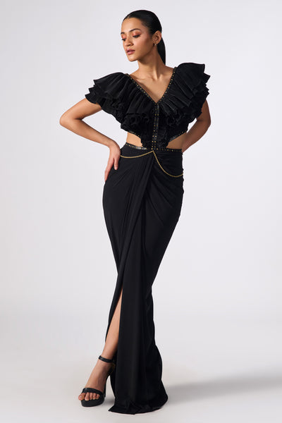 Shantanu & Nikhil Black Flounced Gown with Slit indian designer wear online shopping melange singapore