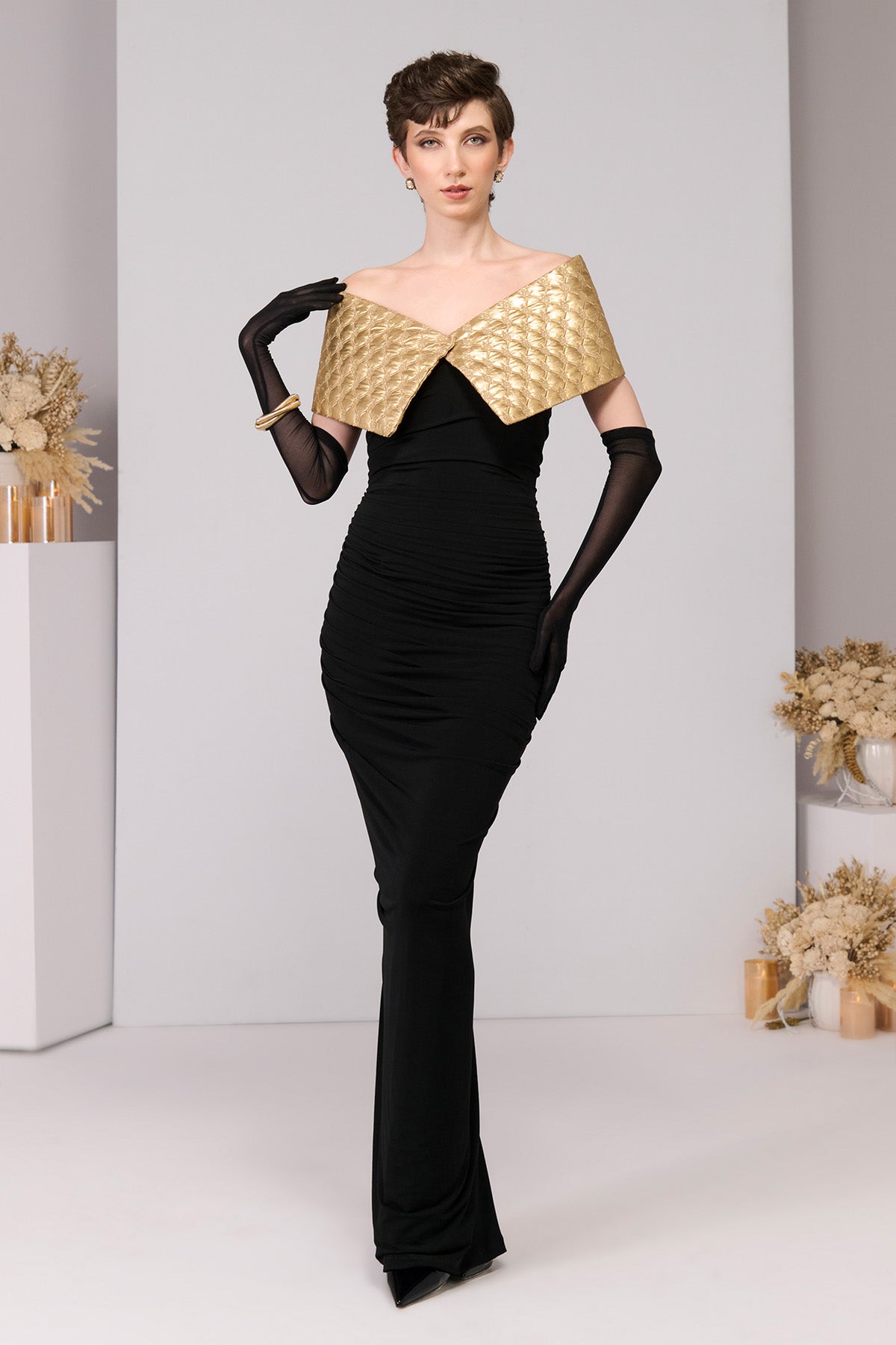 Shantanu & Nikhil Black Gold Quilted Gown indian designer wear online shopping melange singapore 