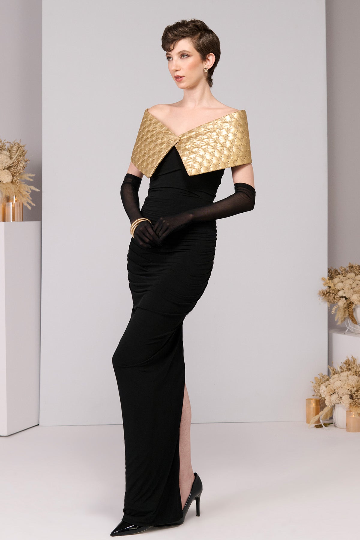 Shantanu & Nikhil Black Gold Quilted Gown indian designer wear online shopping melange singapore 