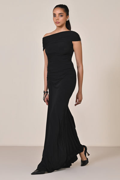 Shantanu & Nikhil Black Off Shoulder Saree Gown indian designer wear online shopping melange singapore