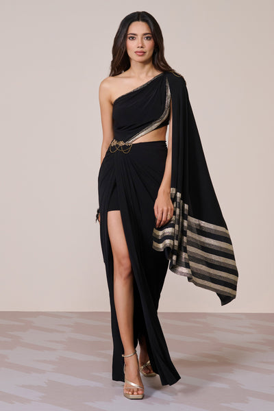 Shantanu & Nikhil Black One-Shoulder Drape Gown indian designer wear online shopping melange singapore