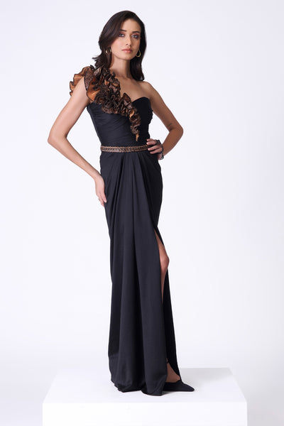 Shantanu & Nikhil Black One-Shoulder Draped Gown indian designer wear online shopping melange singapore