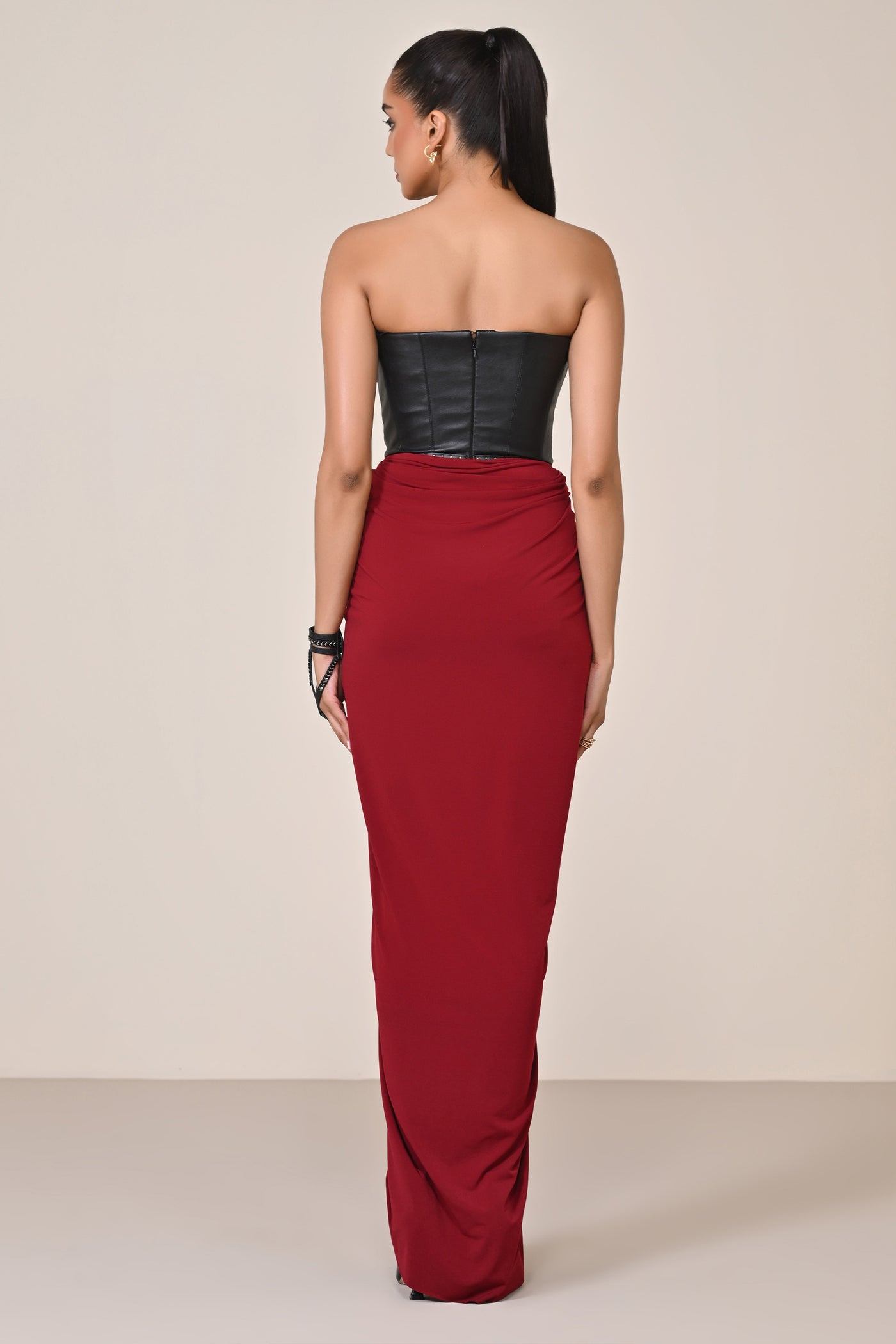 Shantanu & Nikhil Cherry Faux Leather Corset Saree Dress indian designer wear online shopping melange singapore