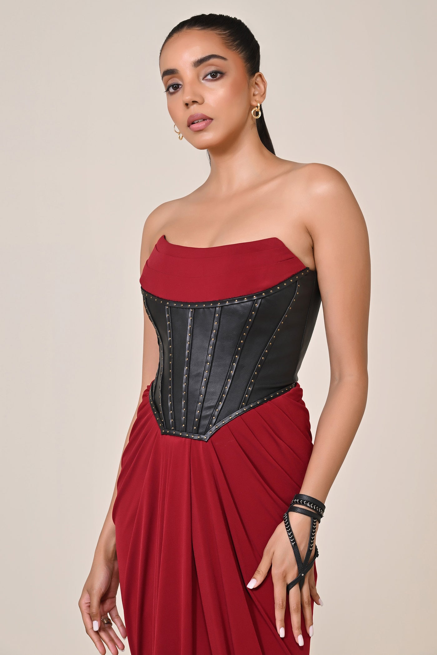 Shantanu & Nikhil Cherry Faux Leather Corset Saree Dress indian designer wear online shopping melange singapore