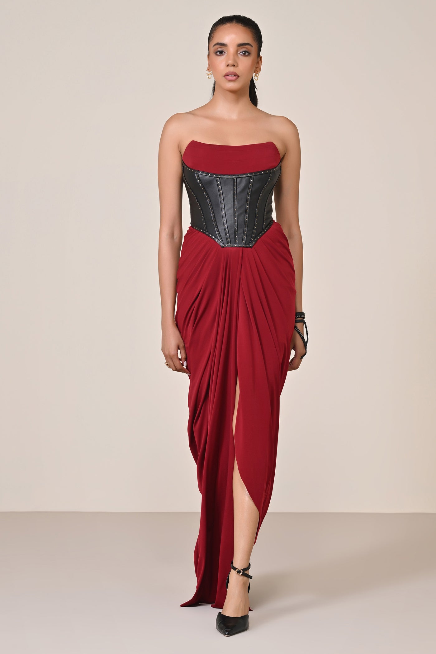 Shantanu & Nikhil Cherry Faux Leather Corset Saree Dress indian designer wear online shopping melange singapore