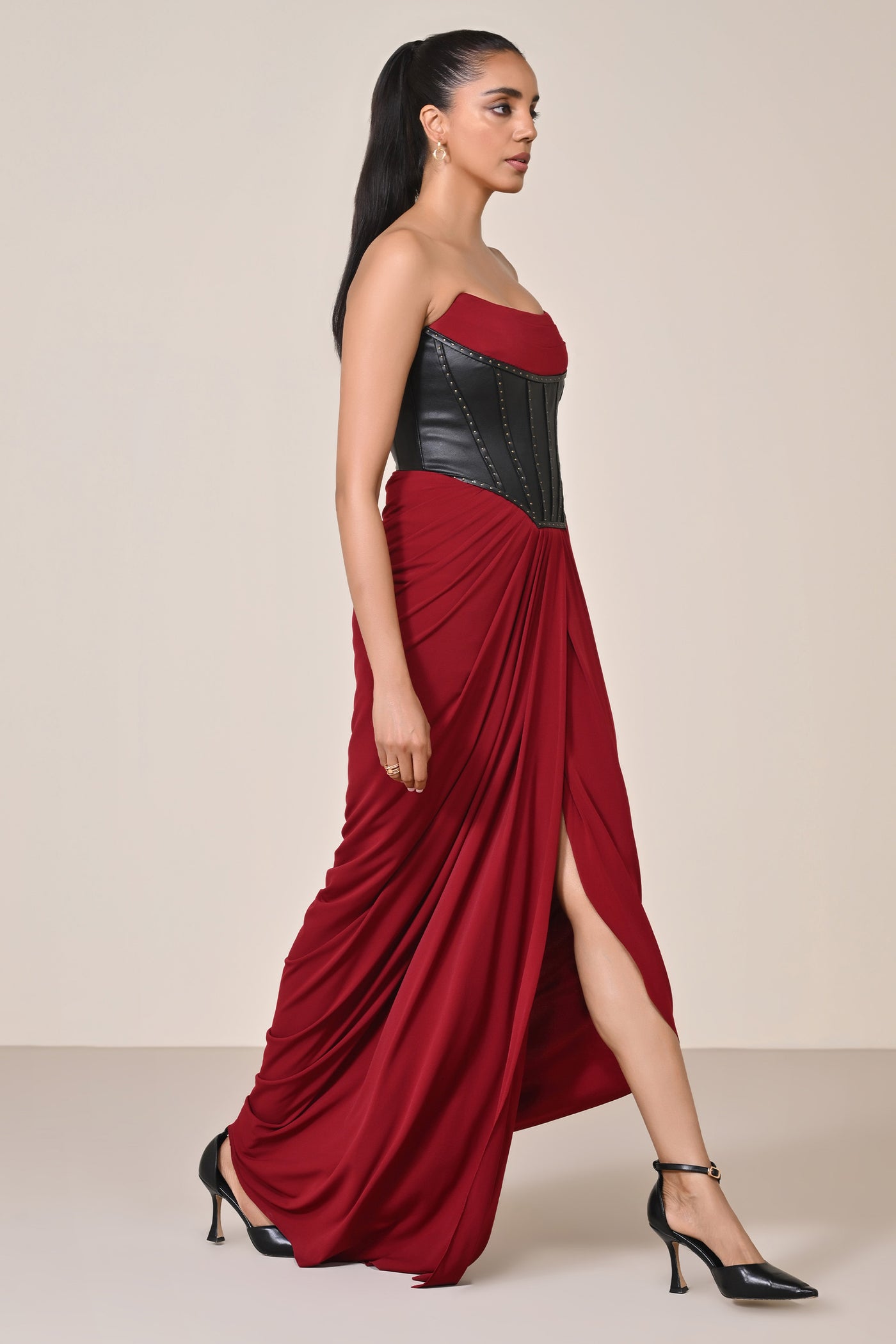 Shantanu & Nikhil Cherry Faux Leather Corset Saree Dress indian designer wear online shopping melange singapore