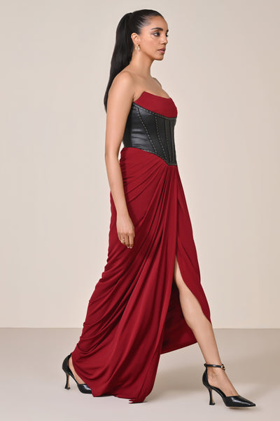 Shantanu & Nikhil Cherry Faux Leather Corset Saree Dress indian designer wear online shopping melange singapore