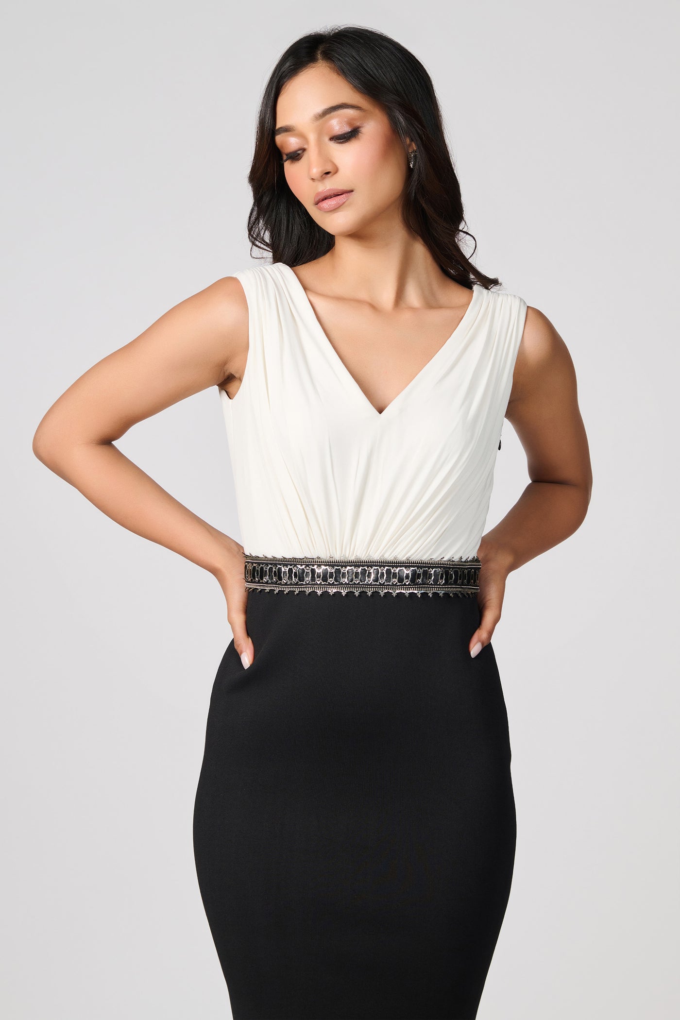 Shantanu & Nikhil Colour Block Saree Gown with Attached Belt indian designer wear online shopping melange singapore