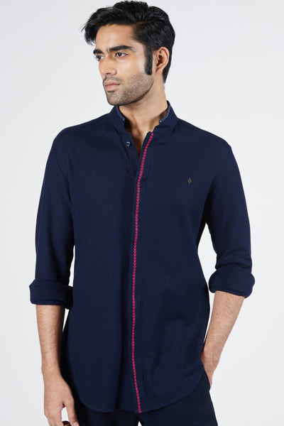 Shantanu & Nikhil Concealed Placket Navy Shirt indian designer wear online shopping melange singapore