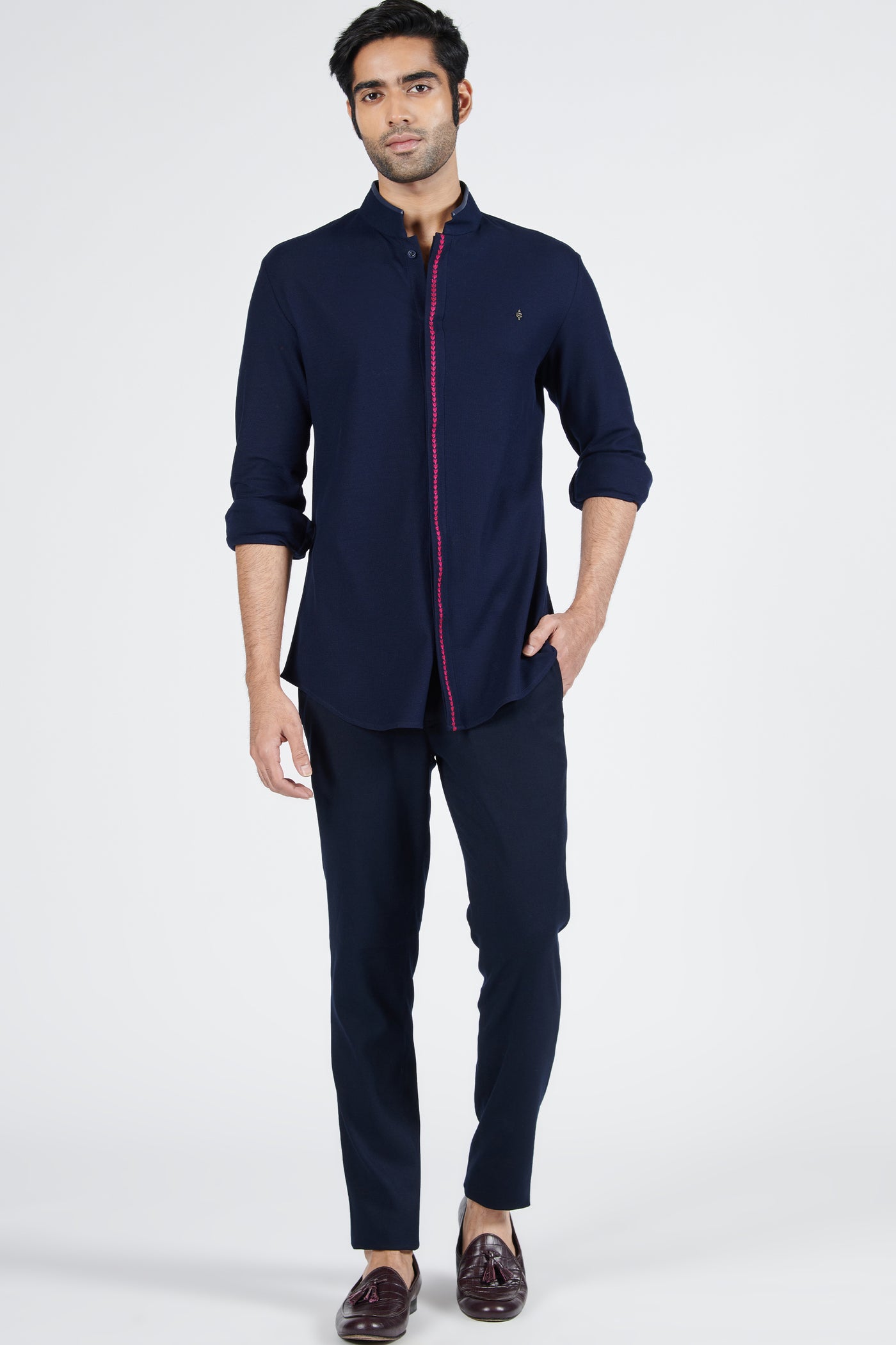 Shantanu & Nikhil Concealed Placket Navy Shirt indian designer wear online shopping melange singapore