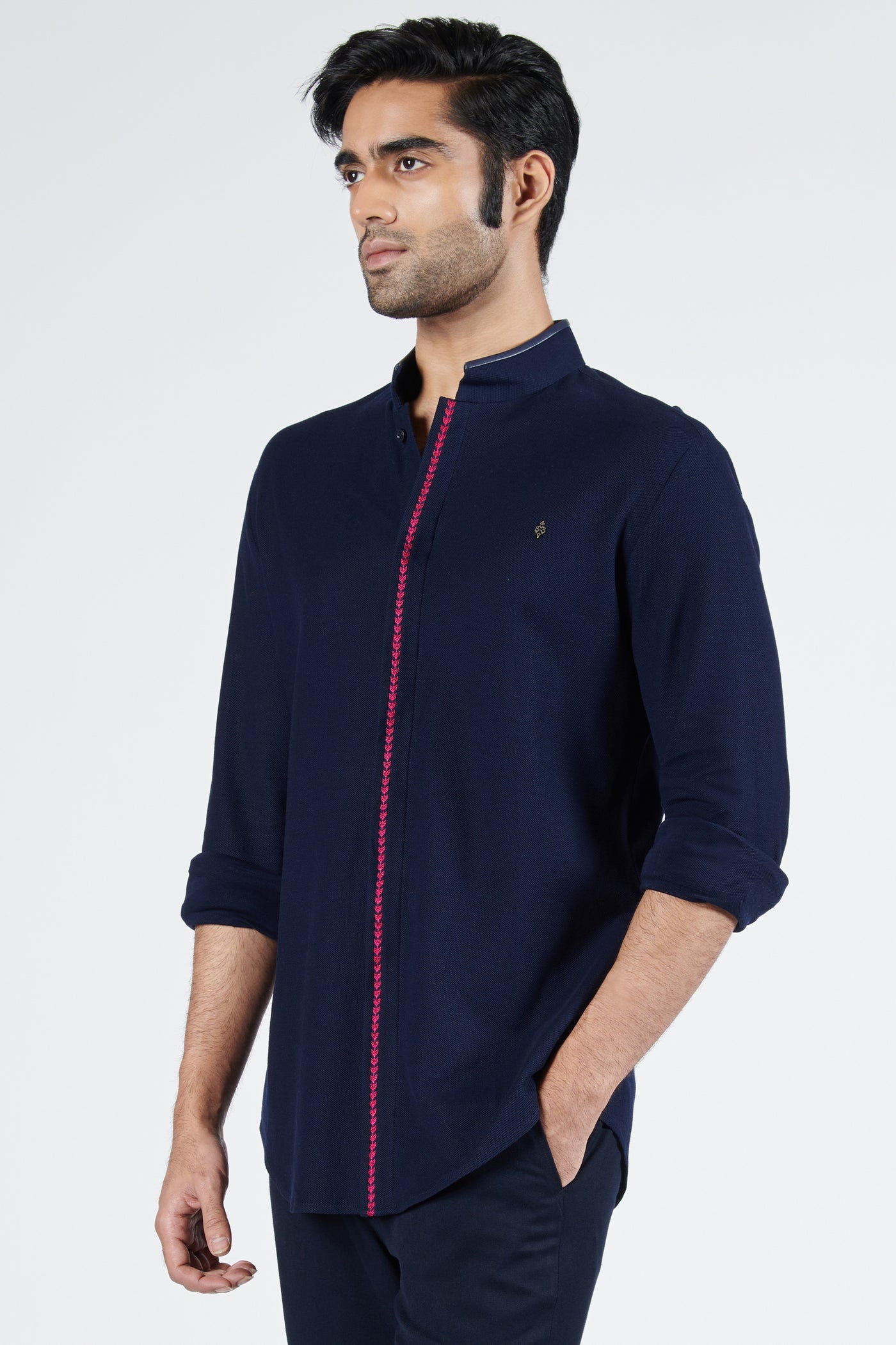 Shantanu & Nikhil Concealed Placket Navy Shirt indian designer wear online shopping melange singapore