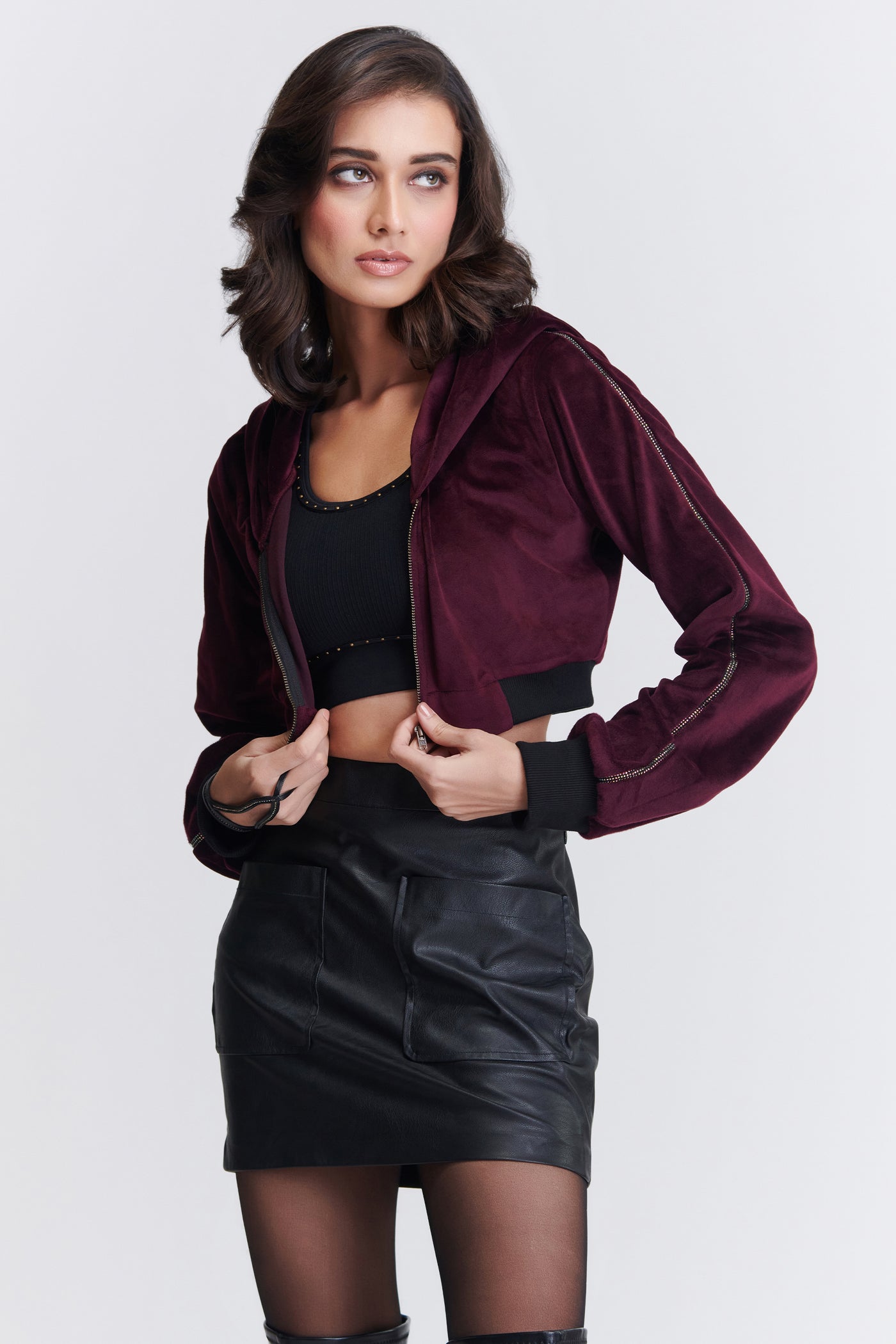 Shantanu & Nikhil Cropped Velvet Hoodie indian designer wear online shopping melange singapore