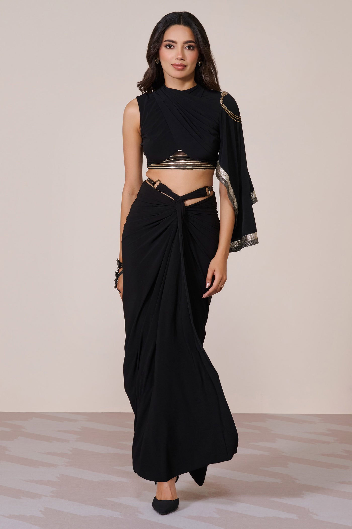 Shantanu & Nikhil Draped Sleeve Black Crop Top indian designer wear online shopping melange singapore