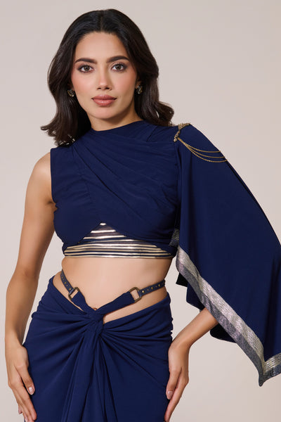 Shantanu & Nikhil Draped Sleeve Navy Crop Top indian designer wear online shopping melange singapore