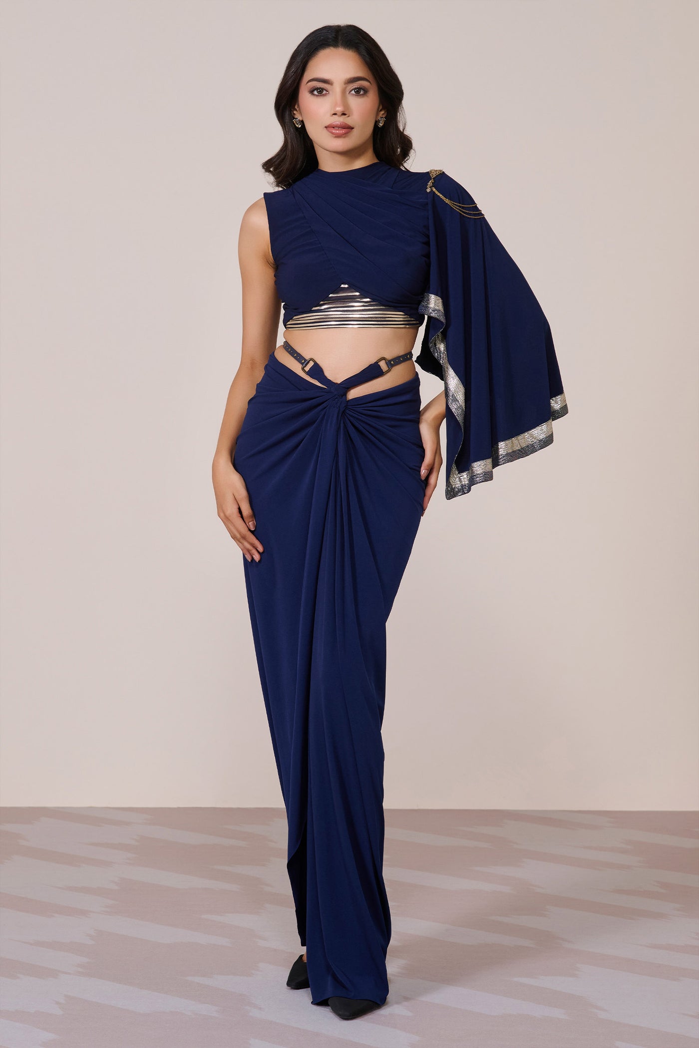 Shantanu & Nikhil Draped Sleeve Navy Crop Top indian designer wear online shopping melange singapore