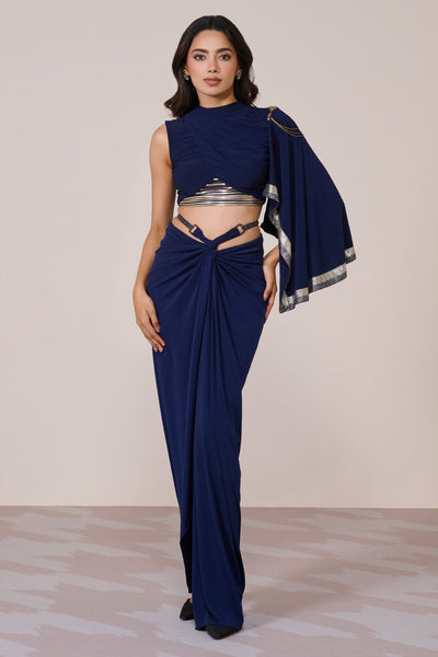 Shantanu & Nikhil Draped Sleeve Navy Crop Top indian designer wear online shopping melange singapore