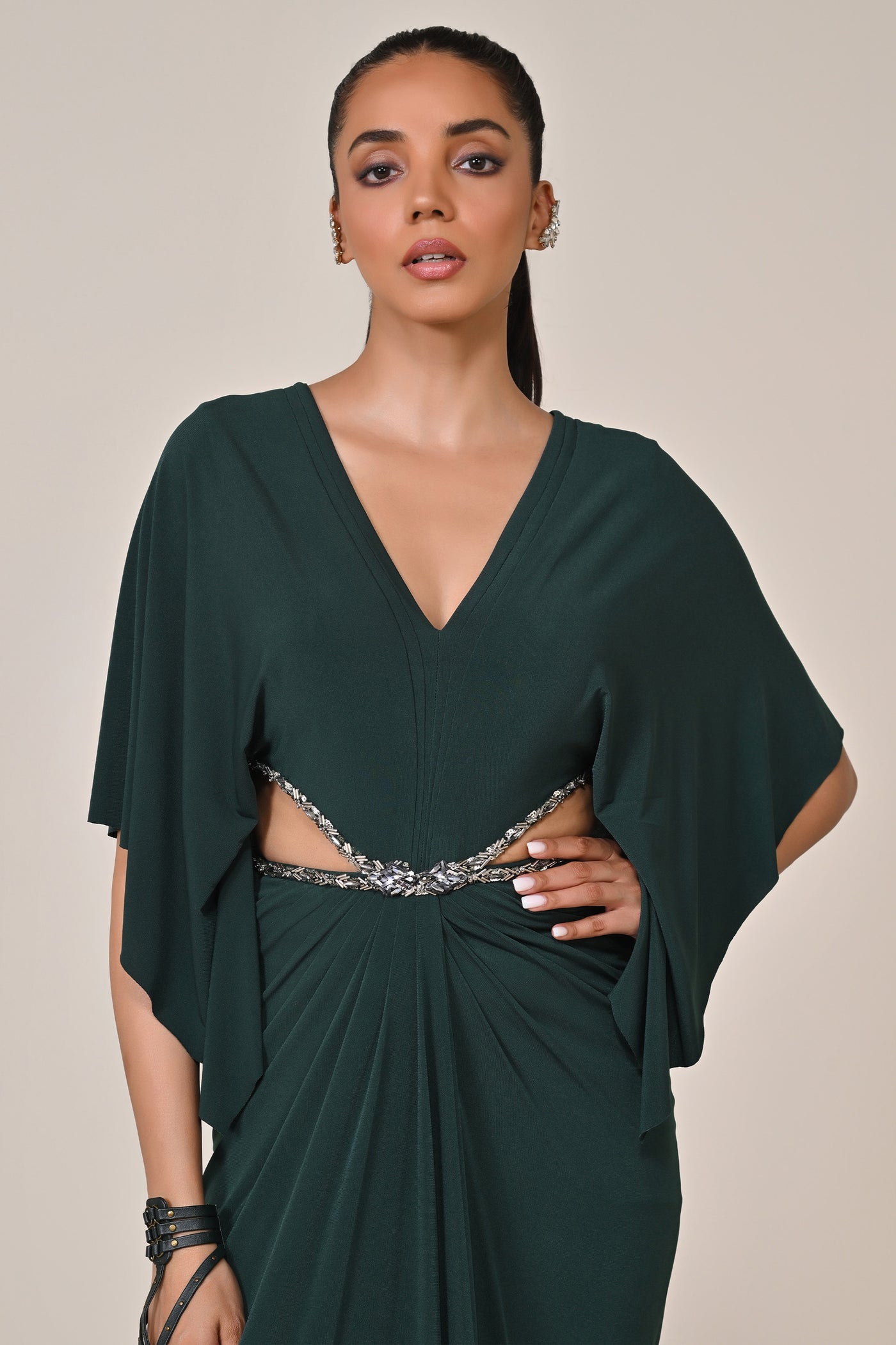 Shantanu & Nikhil Emerald Draped Gown with Waist Cut Out indian designer wear online shopping melange singapore