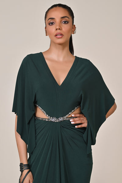 Shantanu & Nikhil Emerald Draped Gown with Waist Cut Out indian designer wear online shopping melange singapore