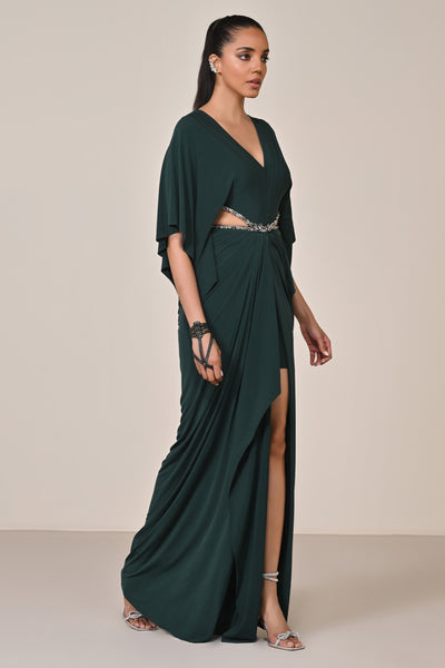 Shantanu & Nikhil Emerald Draped Gown with Waist Cut Out indian designer wear online shopping melange singapore