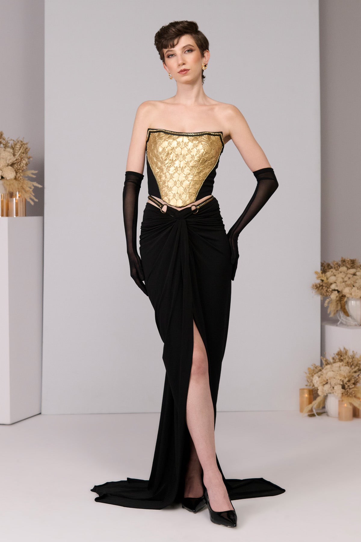 Shantanu & Nikhil Gold Embossed Corset indian designer wear online shopping melange singapore 