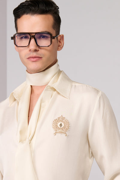 Shantanu & Nikhil Menswear Beige Crested Twill Silk Shirt indian designer wear online shopping melange singapore 

