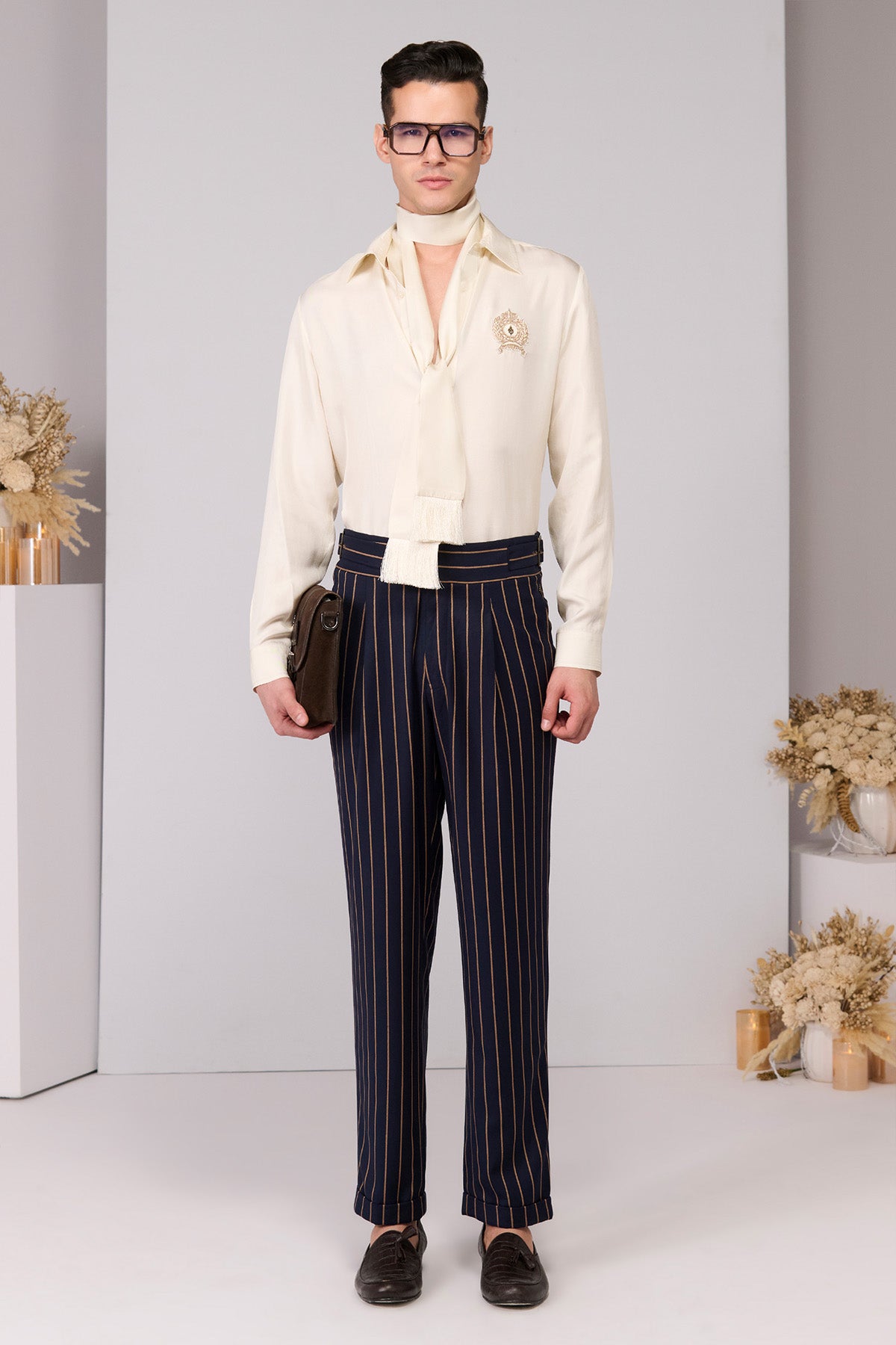 Shantanu & Nikhil Menswear Beige Crested Twill Silk Shirt indian designer wear online shopping melange singapore 
