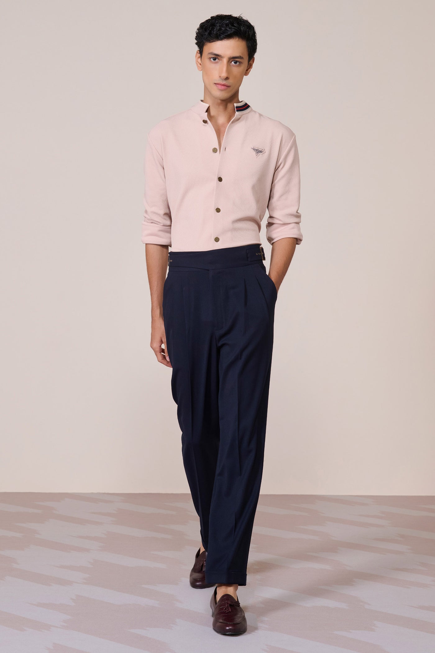 Shantanu & Nikhil Menswear Beige Honeycomb Crested Shirt indian designer wear online shopping melange singapore