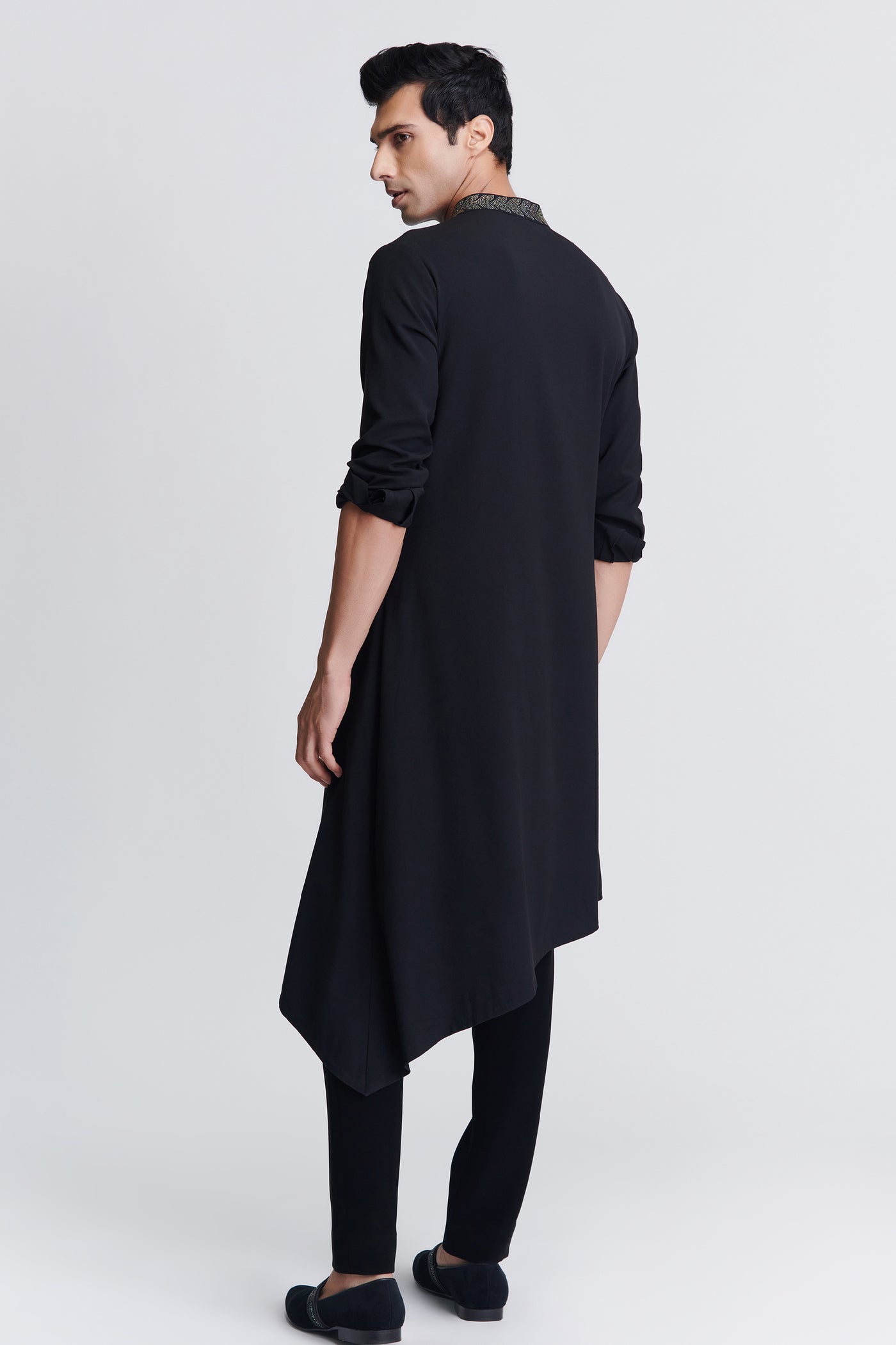 Shantanu & Nikhil Menswear Black Asymmetrical Kurta with Crystal Neckline indian designer wear online shopping melange singapore