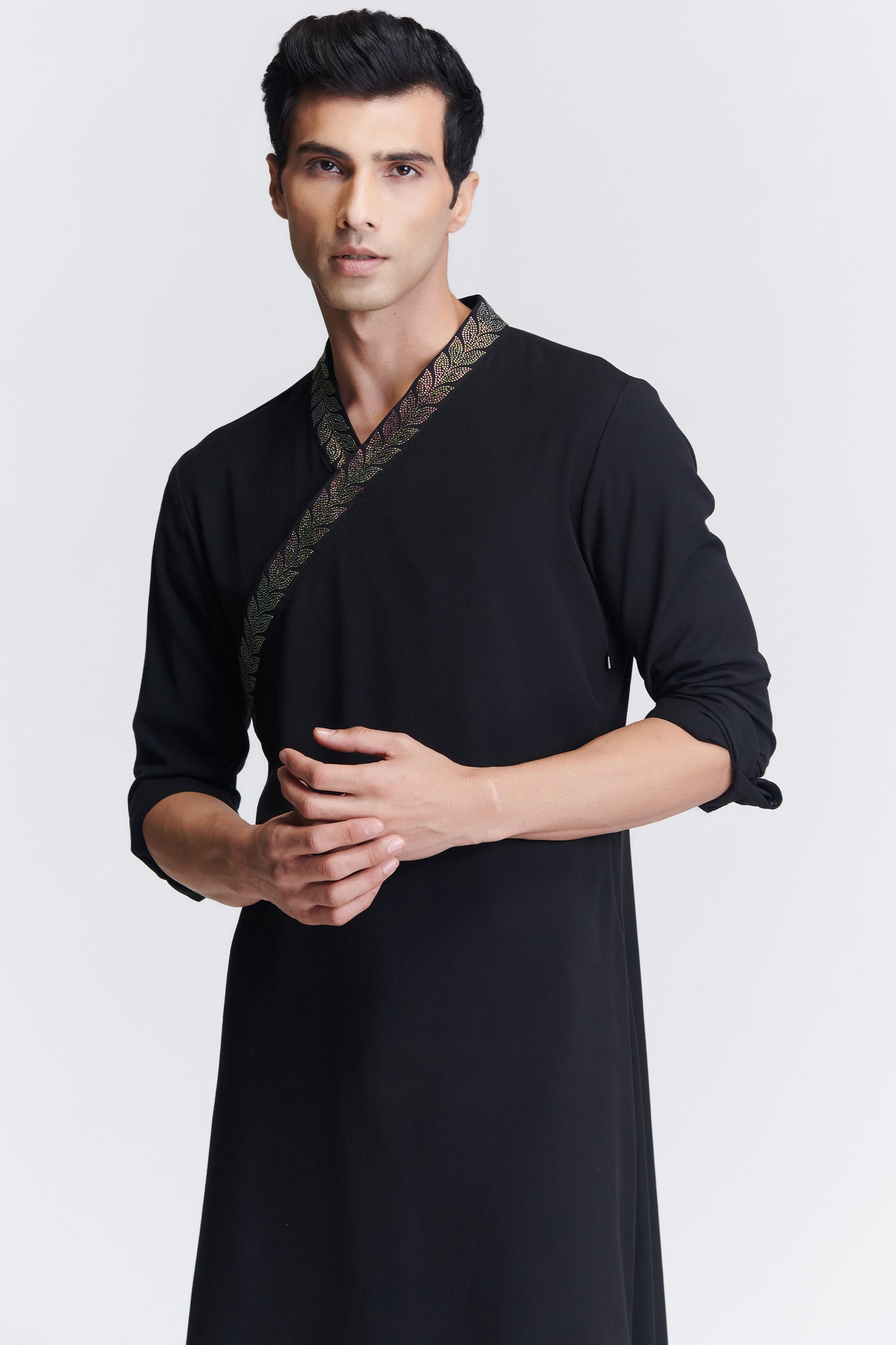 Shantanu & Nikhil Menswear Black Asymmetrical Kurta with Crystal Neckline indian designer wear online shopping melange singapore