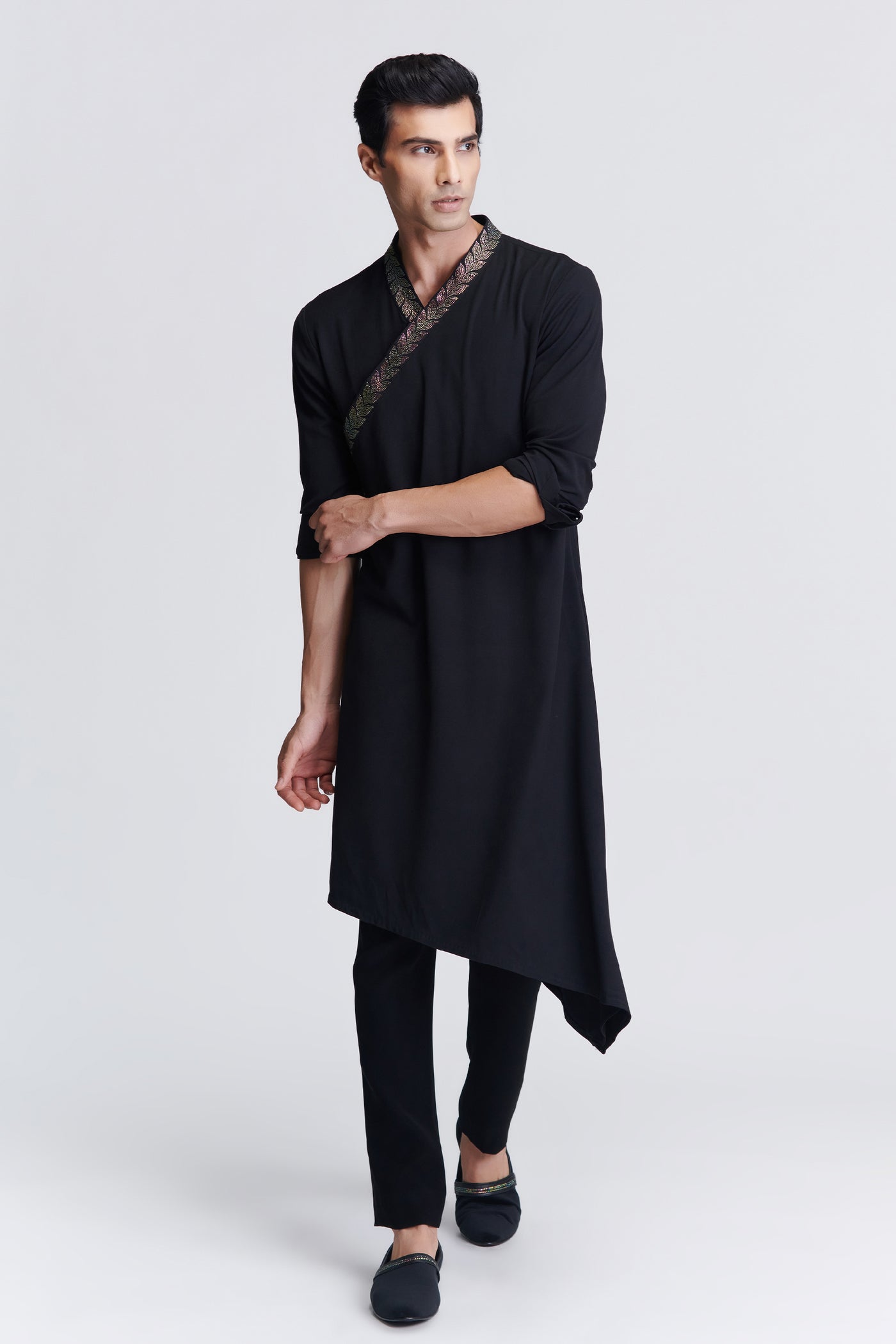 Shantanu & Nikhil Menswear Black Asymmetrical Kurta with Crystal Neckline indian designer wear online shopping melange singapore