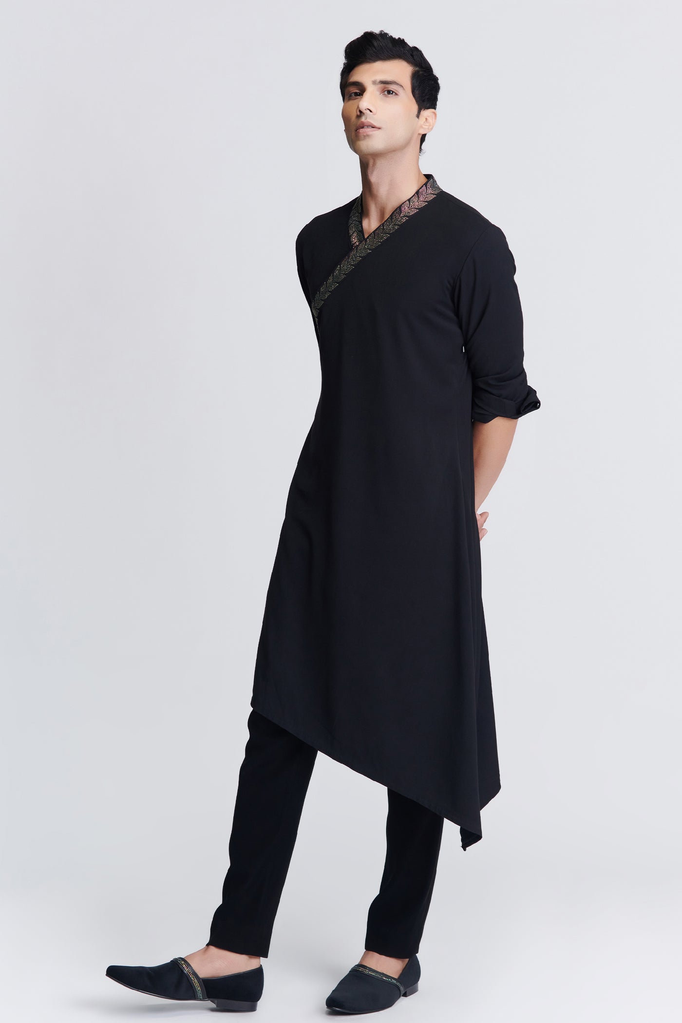 Shantanu & Nikhil Menswear Black Asymmetrical Kurta with Crystal Neckline indian designer wear online shopping melange singapore