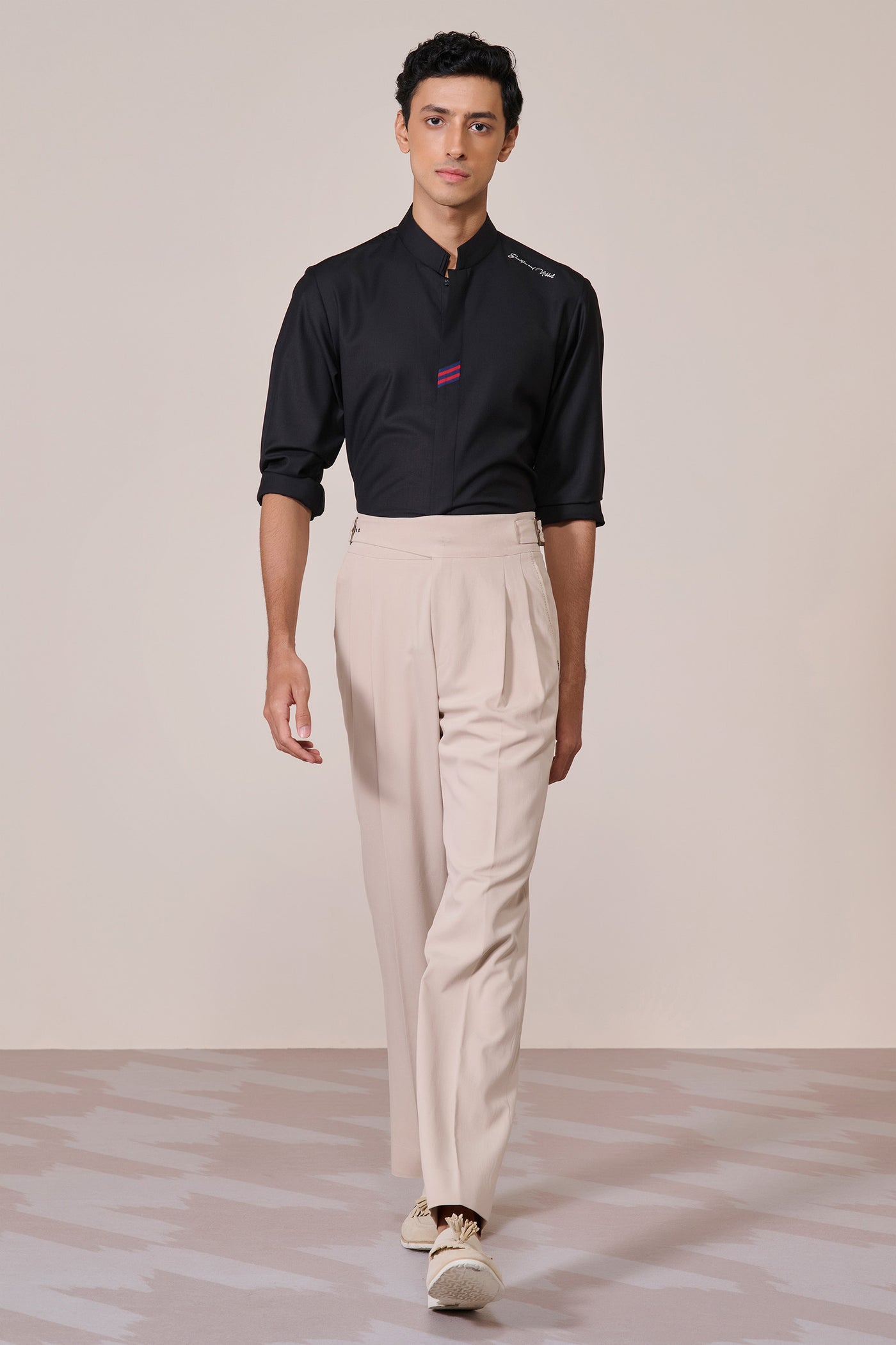 Shantanu & Nikhil Menswear Black Band Collar Shirt indian designer wear online shopping melange singapore