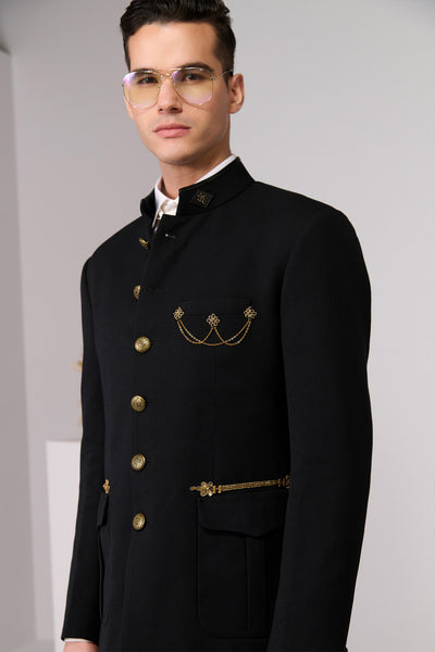 Shantanu & Nikhil Menswear Black Bandhgala with Cord Embroidery indian designer wear online shopping melange singapore 