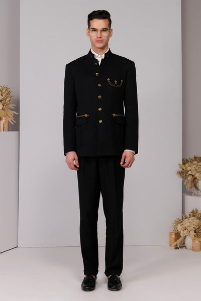 Shantanu & Nikhil Menswear Black Bandhgala with Cord Embroidery indian designer wear online shopping melange singapore 