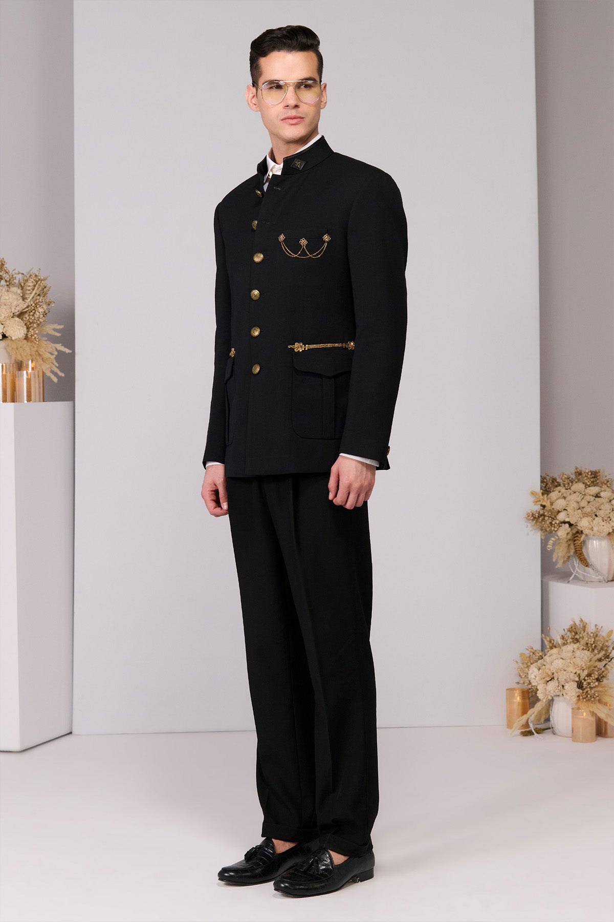 Shantanu & Nikhil Menswear Black Bandhgala with Cord Embroidery indian designer wear online shopping melange singapore 