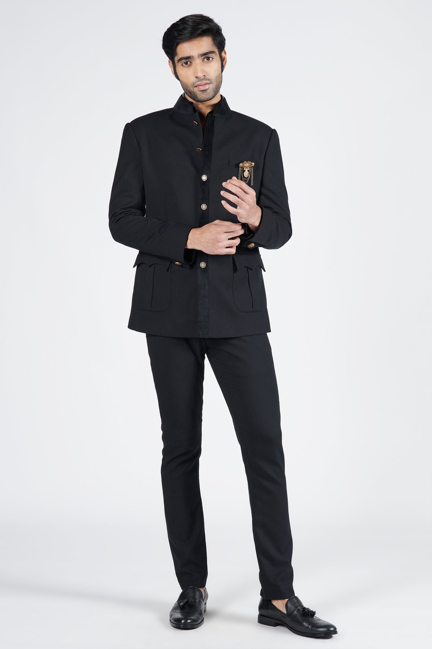 Shantanu & Nikhil Menswear Black Bandhgala with Patch Pockets indian designer wear online shopping melange singapore